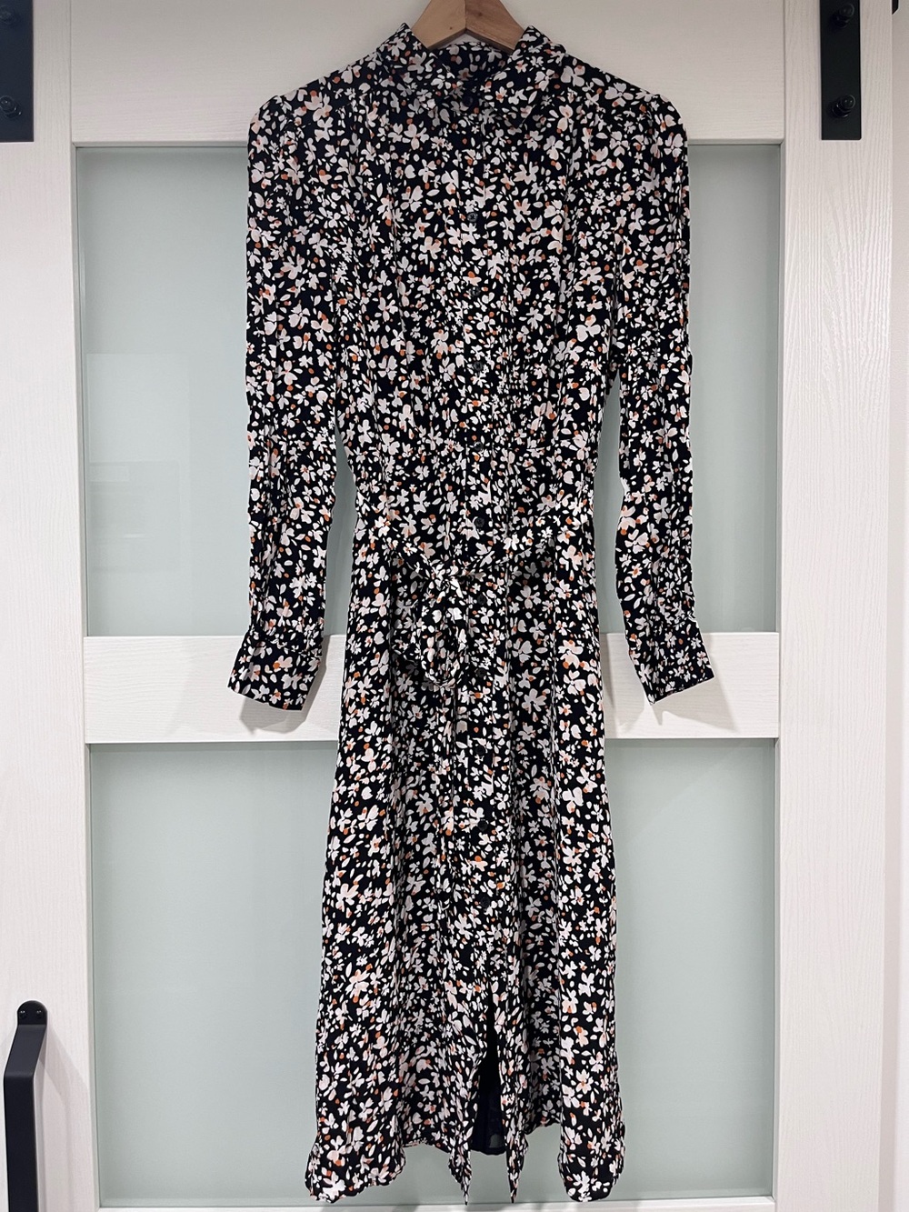 Black Floral Long-Sleeve Midi Dress with Waist Tie (Hobbs London)